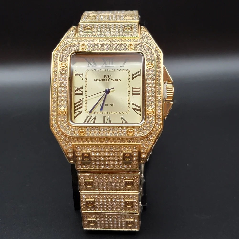 Men’s Gold Tone Iced Out Pavé MC Montres Carlo Bling Watch – Roman Numerals 45mm